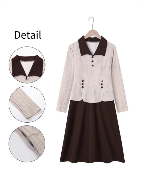 Ženska haljina s lažnim dvodijelnim dizajnom, pleteni materijal, uzorak blok boja, dugi rukavi, A-linija silueta