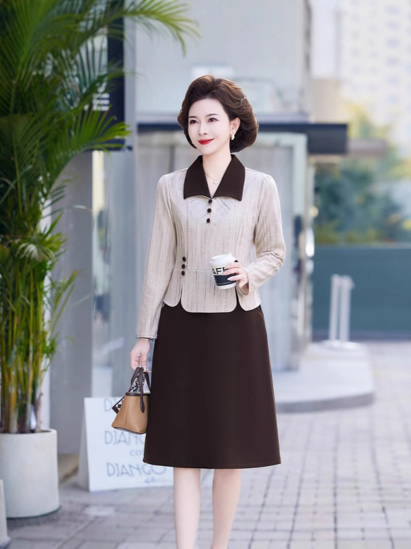 Ženska haljina s lažnim dvodijelnim dizajnom, pleteni materijal, uzorak blok boja, dugi rukavi, A-linija silueta