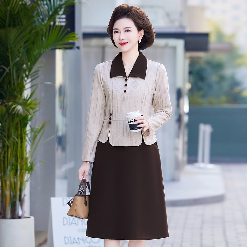 Ženska haljina s lažnim dvodijelnim dizajnom, pleteni materijal, uzorak blok boja, dugi rukavi, A-linija silueta