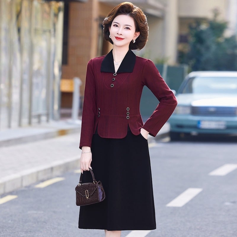 Ženska haljina s lažnim dvodijelnim dizajnom, pleteni materijal, uzorak blok boja, dugi rukavi, A-linija silueta