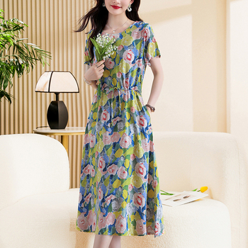 Ženska haljina od slub pamuka, cvjetni otisak, U-izrez, dugi rukavi, A-linijski kroj