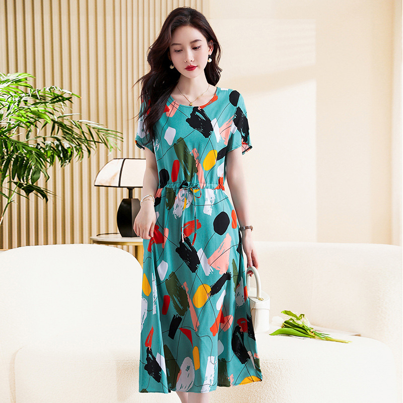 Ženska haljina od slub pamuka, cvjetni otisak, U-izrez, dugi rukavi, A-linijski kroj