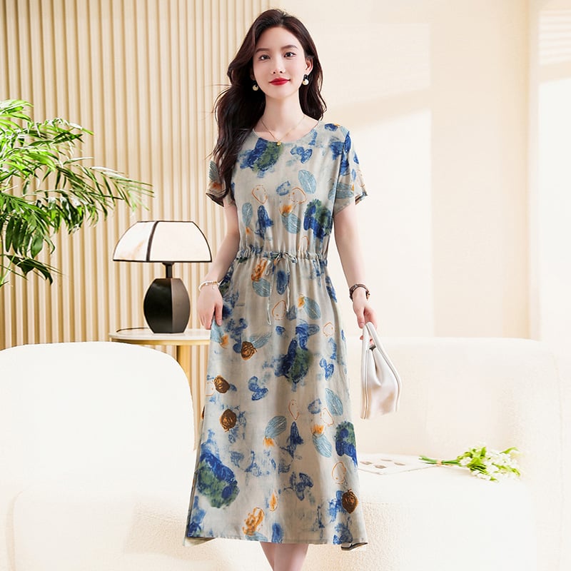 Ženska haljina od slub pamuka, cvjetni otisak, U-izrez, dugi rukavi, A-linijski kroj