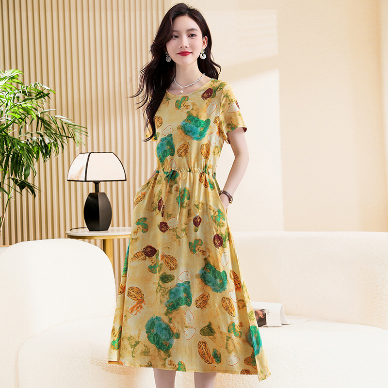 Ženska haljina od slub pamuka, cvjetni otisak, U-izrez, dugi rukavi, A-linijski kroj