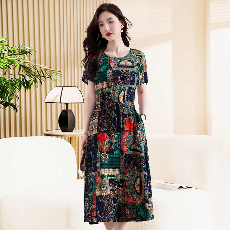 Ženska haljina od slub pamuka, cvjetni otisak, U-izrez, dugi rukavi, A-linijski kroj