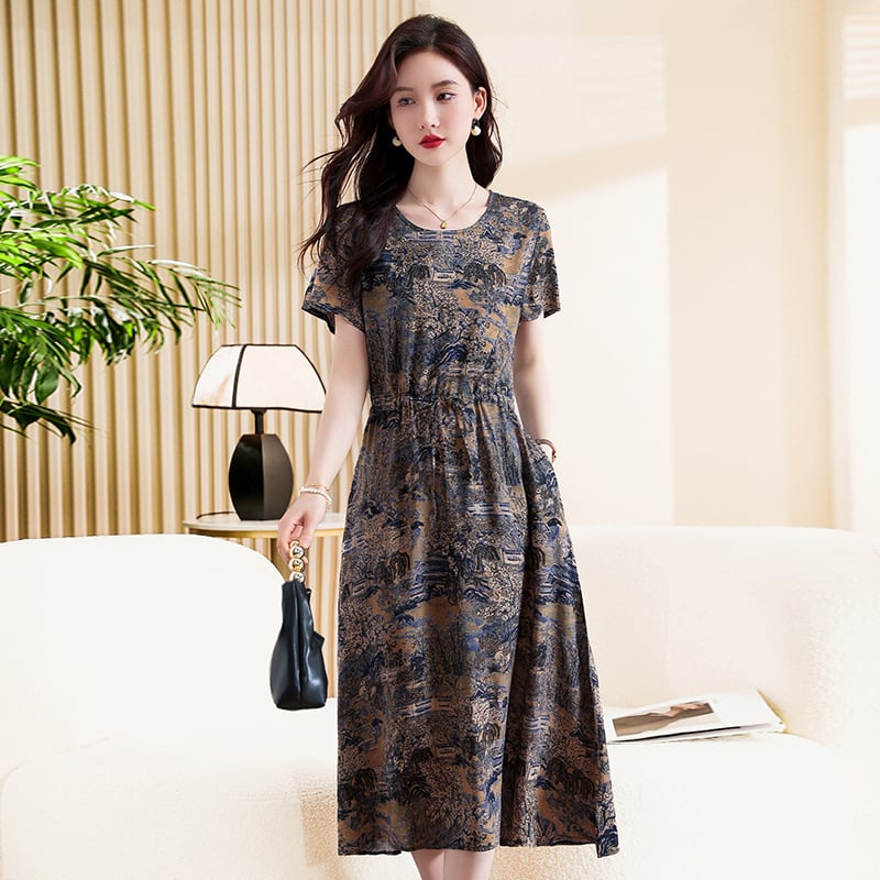 Ženska haljina od slub pamuka, cvjetni otisak, U-izrez, dugi rukavi, A-linijski kroj