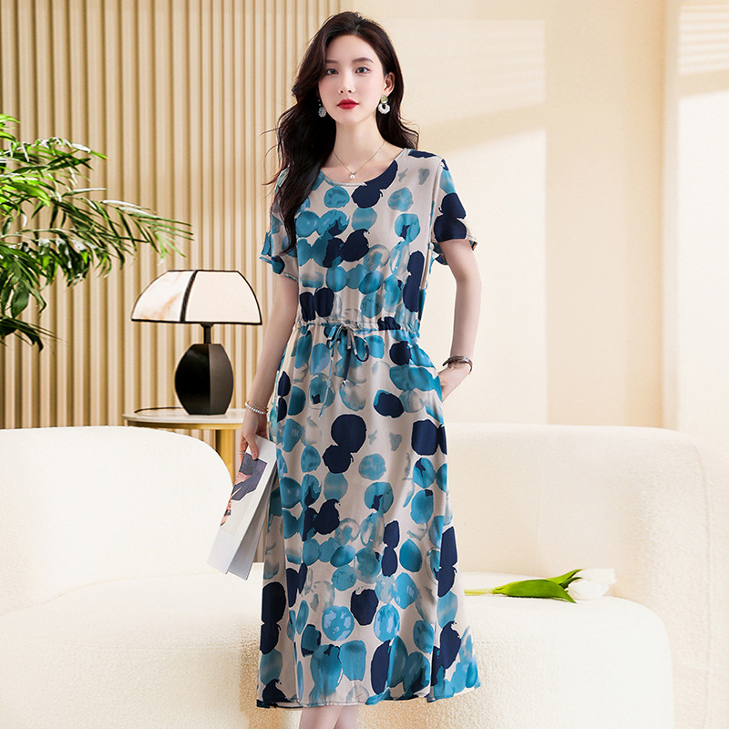 Ženska haljina od slub pamuka, cvjetni otisak, U-izrez, dugi rukavi, A-linijski kroj