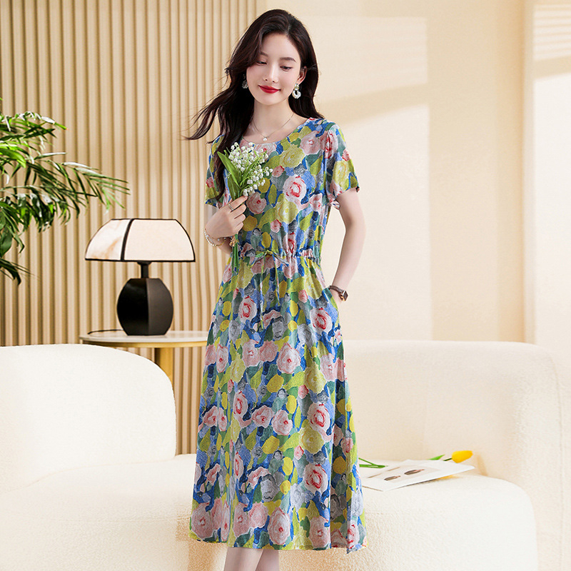 Ženska haljina od slub pamuka, cvjetni otisak, U-izrez, dugi rukavi, A-linijski kroj