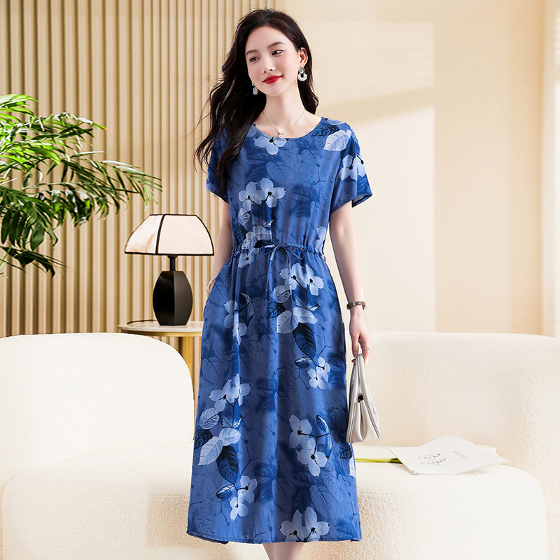 Ženska haljina od slub pamuka, cvjetni otisak, U-izrez, dugi rukavi, A-linijski kroj