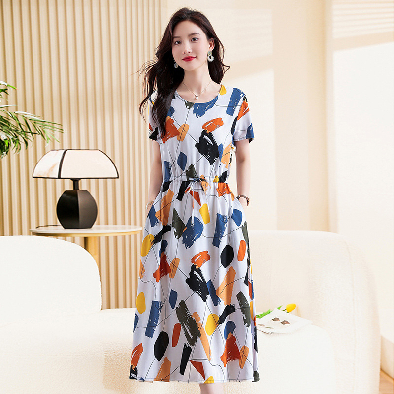 Ženska haljina od slub pamuka, cvjetni otisak, U-izrez, dugi rukavi, A-linijski kroj