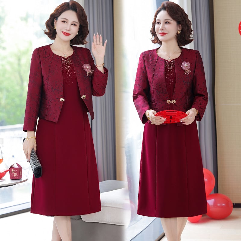 Dviejų dalių komplektas nuotakos mamos: vestuviniam banketui su midi ilgio sijonu, ruduo–žiema, elegantiškas ir žavingas stilius, patchwork dizainas, viskozė 70–80% ir akrilas <30%, modelio nr. Q1006