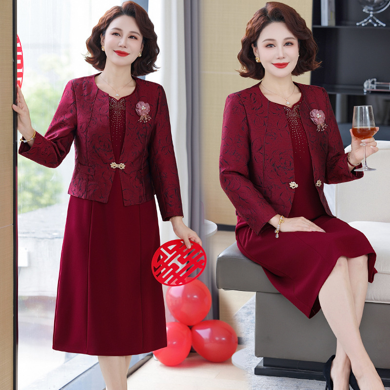 Dviejų dalių komplektas nuotakos mamos: vestuviniam banketui su midi ilgio sijonu, ruduo–žiema, elegantiškas ir žavingas stilius, patchwork dizainas, viskozė 70–80% ir akrilas <30%, modelio nr. Q1006