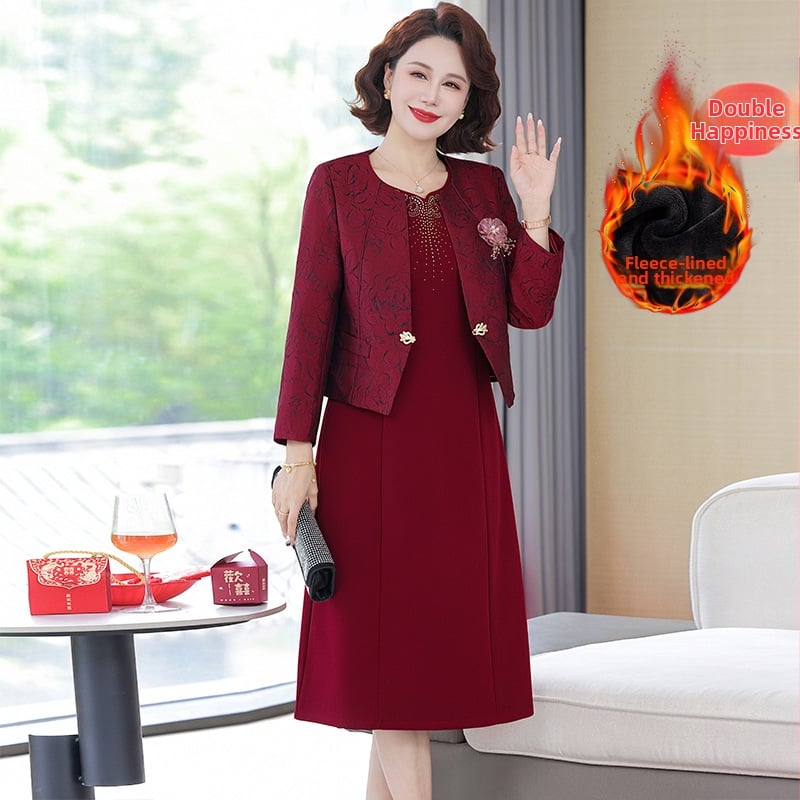 Dviejų dalių komplektas nuotakos mamos: vestuviniam banketui su midi ilgio sijonu, ruduo–žiema, elegantiškas ir žavingas stilius, patchwork dizainas, viskozė 70–80% ir akrilas <30%, modelio nr. Q1006