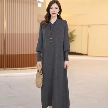 Pletena haljina s V-izrezom, akrilna tkanina, dugi rukav, A-linijski kroj, midi duljina