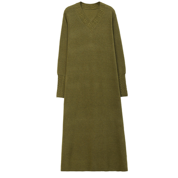 Pletena haljina s V-izrezom, akrilna tkanina, dugi rukav, A-linijski kroj, midi duljina