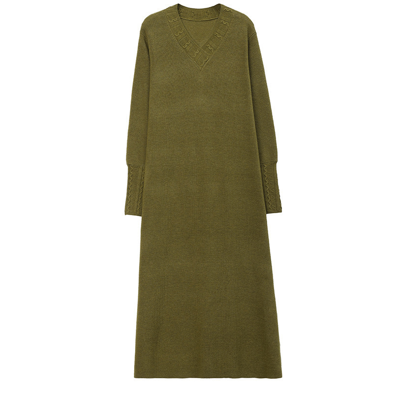 Pletena haljina s V-izrezom, akrilna tkanina, dugi rukav, A-linijski kroj, midi duljina