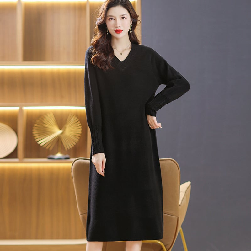 Pletena haljina s V-izrezom, akrilna tkanina, dugi rukav, A-linijski kroj, midi duljina