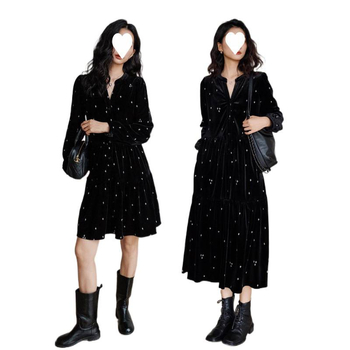 Haljina - francuskog stila, A-linijska silueta, dugi rukavi, poliester, 3D uzorak, digitalno tiskanje