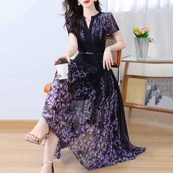 Šifon haljina dugačkog kroja s V izrezom, kratkim rukavima, srednjim strukom, preko glave, otisak, street hipster stil.