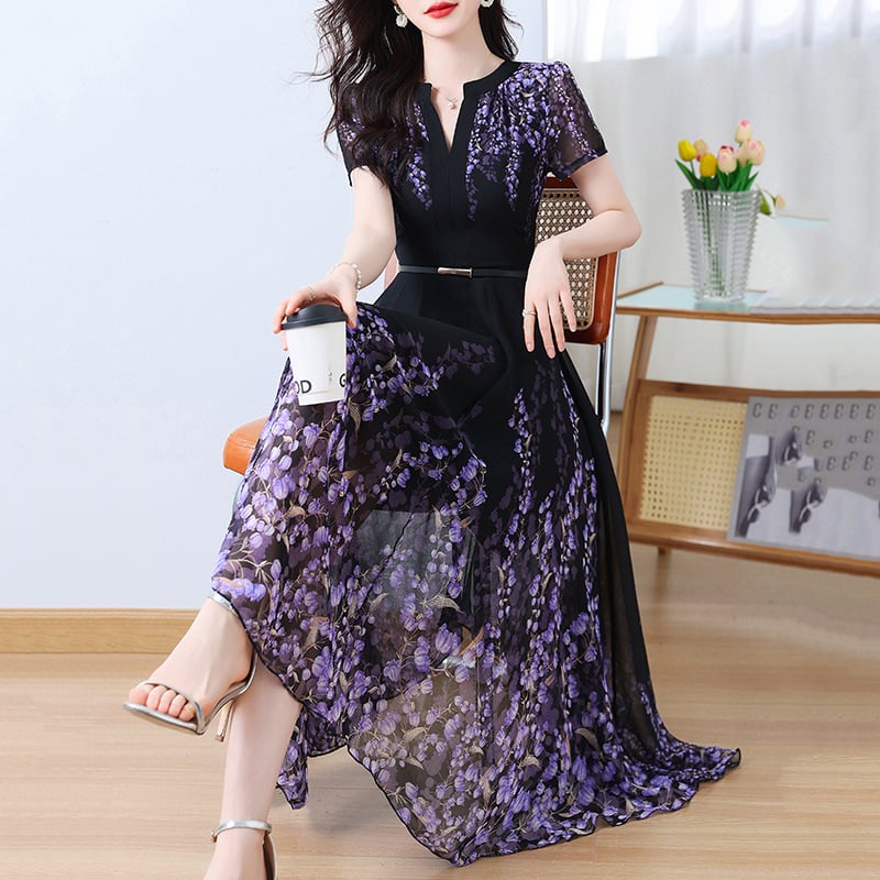 Šifon haljina dugačkog kroja s V izrezom, kratkim rukavima, srednjim strukom, preko glave, otisak, street hipster stil.