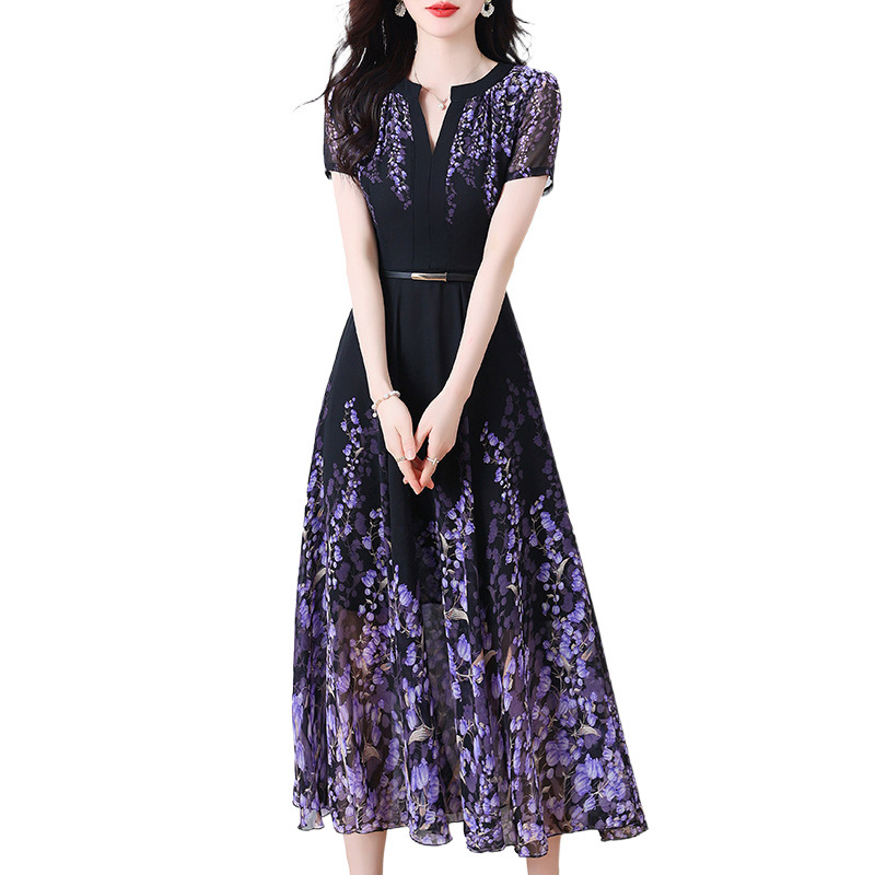 Šifon haljina dugačkog kroja s V izrezom, kratkim rukavima, srednjim strukom, preko glave, otisak, street hipster stil.