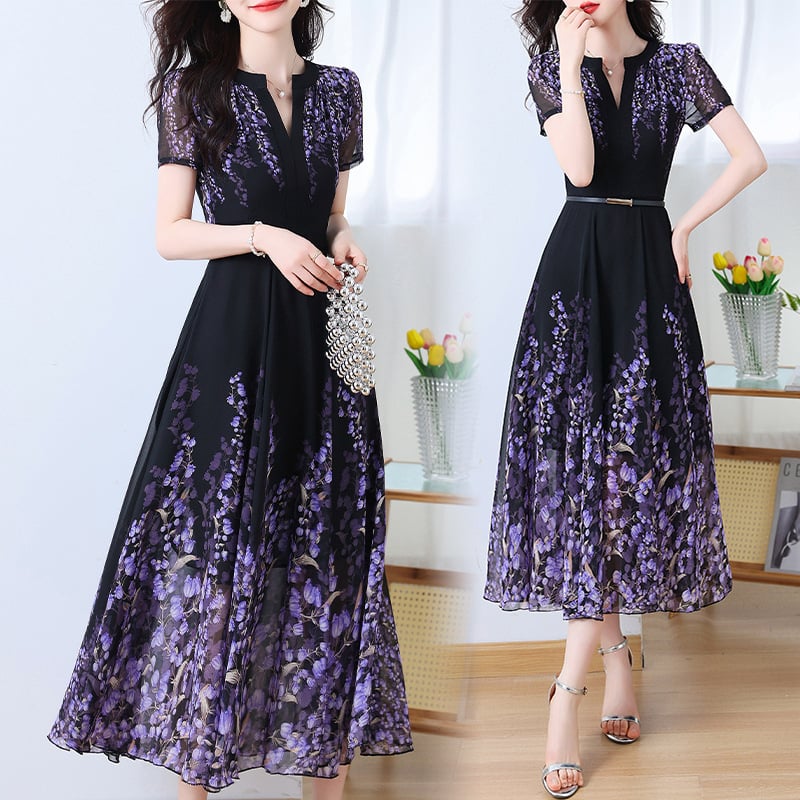 Šifon haljina dugačkog kroja s V izrezom, kratkim rukavima, srednjim strukom, preko glave, otisak, street hipster stil.