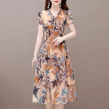 Cvjetna midi haljina s V-izrezom, kratkim rukavima, srednjim strukom, ljeto 2023