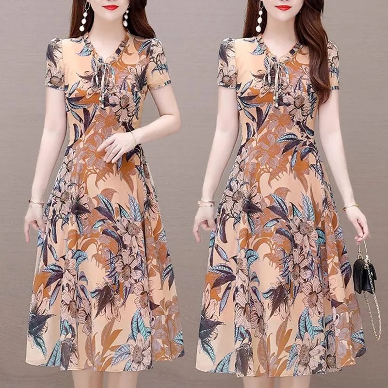 Cvjetna midi haljina s V-izrezom, kratkim rukavima, srednjim strukom, ljeto 2023