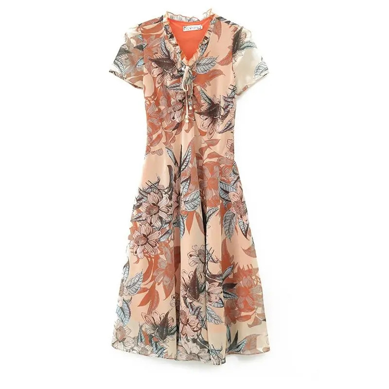 Cvjetna midi haljina s V-izrezom, kratkim rukavima, srednjim strukom, ljeto 2023