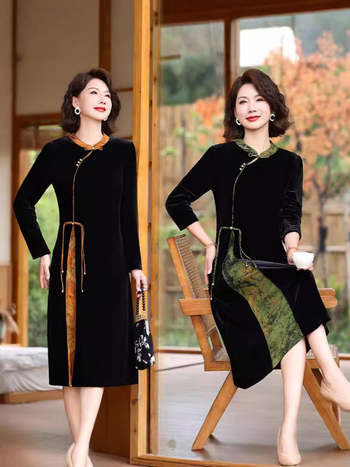 Cheongsam haljina, kineski retro stil, poliester vlakno, stojeći ovratnik, midi kroj