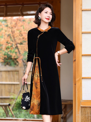 Cheongsam haljina, kineski retro stil, poliester vlakno, stojeći ovratnik, midi kroj