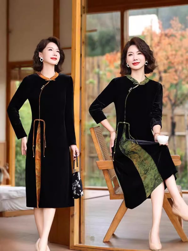 Cheongsam haljina, kineski retro stil, poliester vlakno, stojeći ovratnik, midi kroj