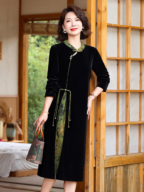 Cheongsam haljina, kineski retro stil, poliester vlakno, stojeći ovratnik, midi kroj