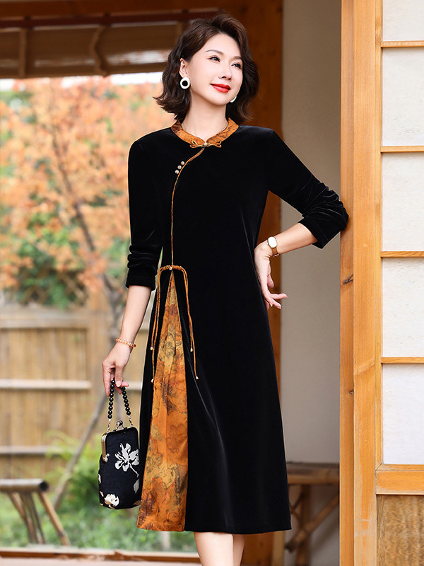 Cheongsam haljina, kineski retro stil, poliester vlakno, stojeći ovratnik, midi kroj