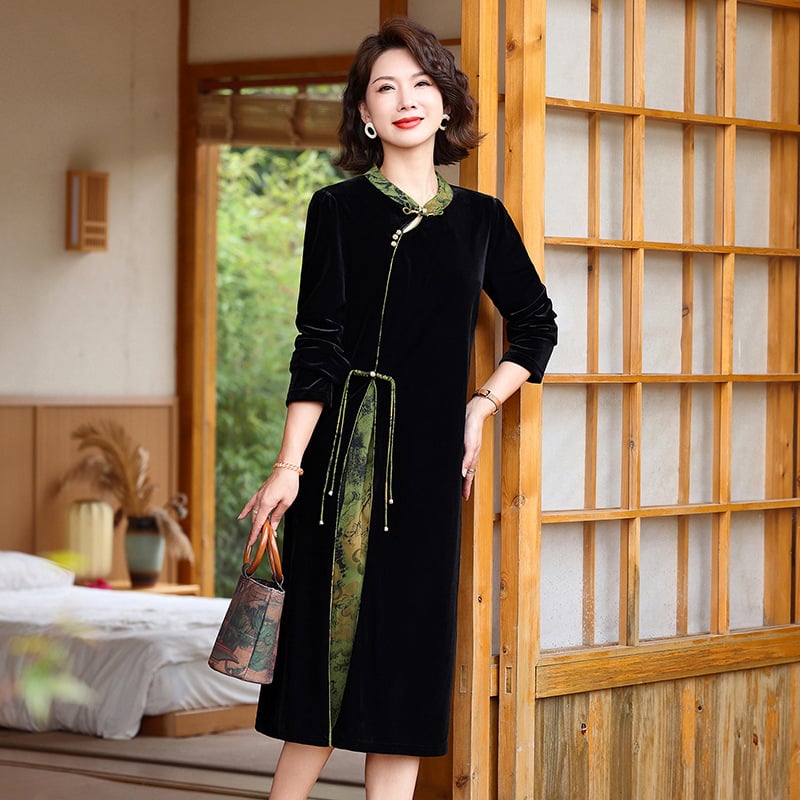 Cheongsam haljina, kineski retro stil, poliester vlakno, stojeći ovratnik, midi kroj