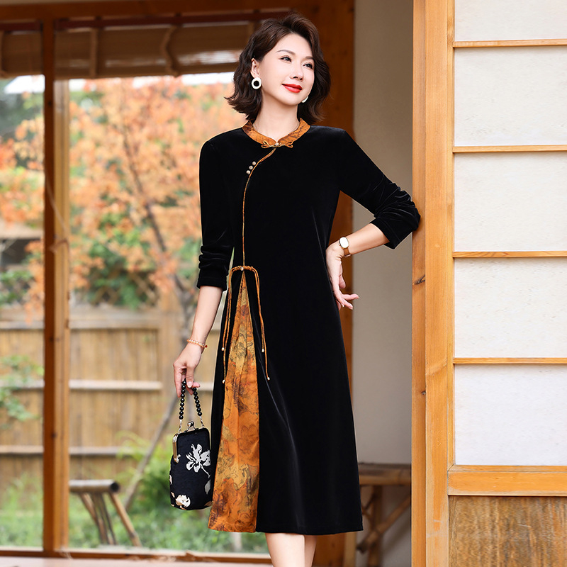 Cheongsam haljina, kineski retro stil, poliester vlakno, stojeći ovratnik, midi kroj