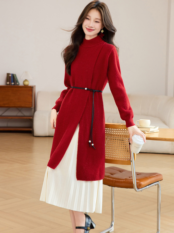 Dva dijela seta: pleteni džemper i plisirana midi suknja, polu visok ovratnik, dugi rukavi, A-linija, srednja duljina, jesen 2025 casual stil