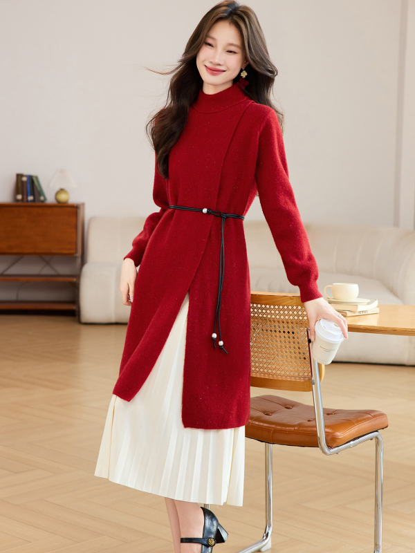 Dva dijela seta: pleteni džemper i plisirana midi suknja, polu visok ovratnik, dugi rukavi, A-linija, srednja duljina, jesen 2025 casual stil