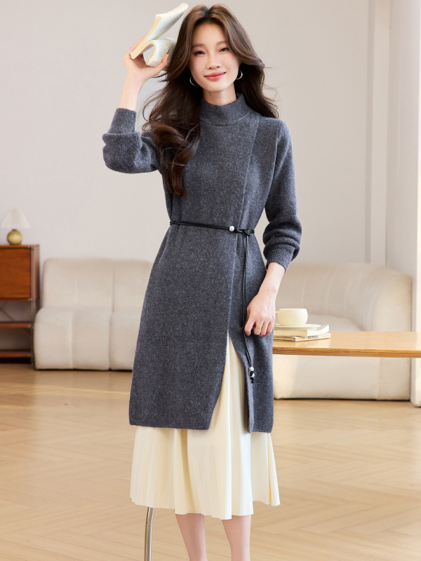 Dva dijela seta: pleteni džemper i plisirana midi suknja, polu visok ovratnik, dugi rukavi, A-linija, srednja duljina, jesen 2025 casual stil