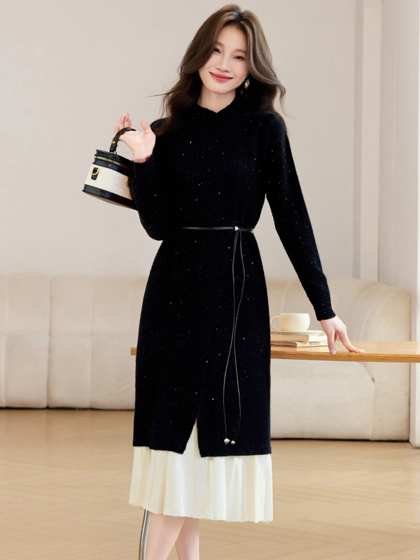 Dva dijela seta: pleteni džemper i plisirana midi suknja, polu visok ovratnik, dugi rukavi, A-linija, srednja duljina, jesen 2025 casual stil