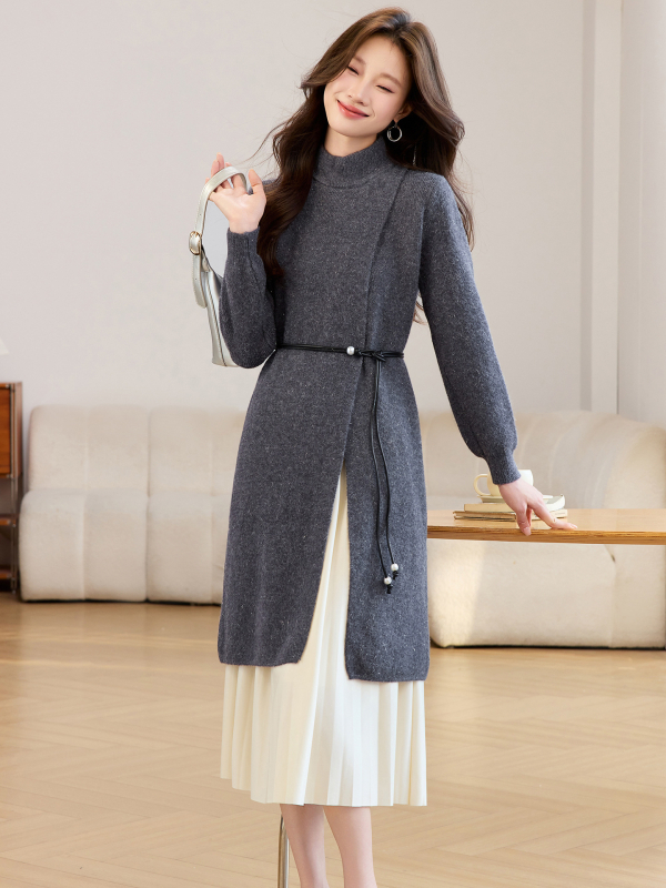 Dva dijela seta: pleteni džemper i plisirana midi suknja, polu visok ovratnik, dugi rukavi, A-linija, srednja duljina, jesen 2025 casual stil
