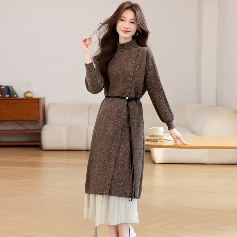 Dva dijela seta: pleteni džemper i plisirana midi suknja, polu visok ovratnik, dugi rukavi, A-linija, srednja duljina, jesen 2025 casual stil