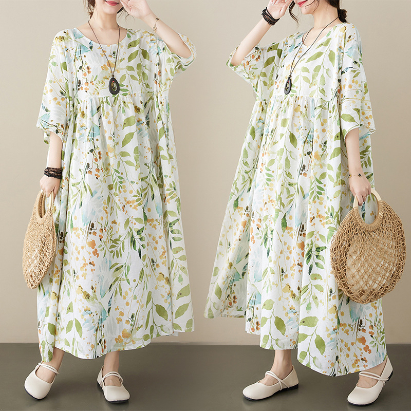 Haljina s cvjetnim uzorkom od pamuka i lana, pull-over kroj, kratki rukavi, široka struk, duga haljina oversize
