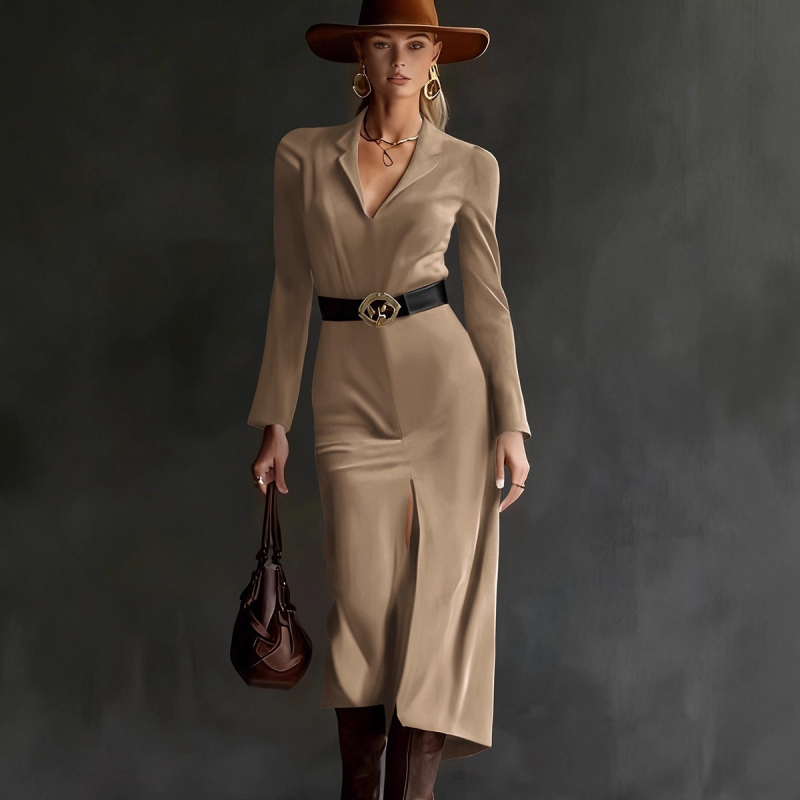 Ženska velur midi haljina s pojasom, ovratnikom u stilu sakoa i šlicem