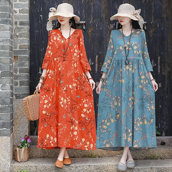 Haljina od pamuka i lana s otiskom, A-linija, duga haljina, okrugli izrez, kratki rukavi, opušteni struk, patchwork retro stil, 70–80% pamuka, Ljeto 2025