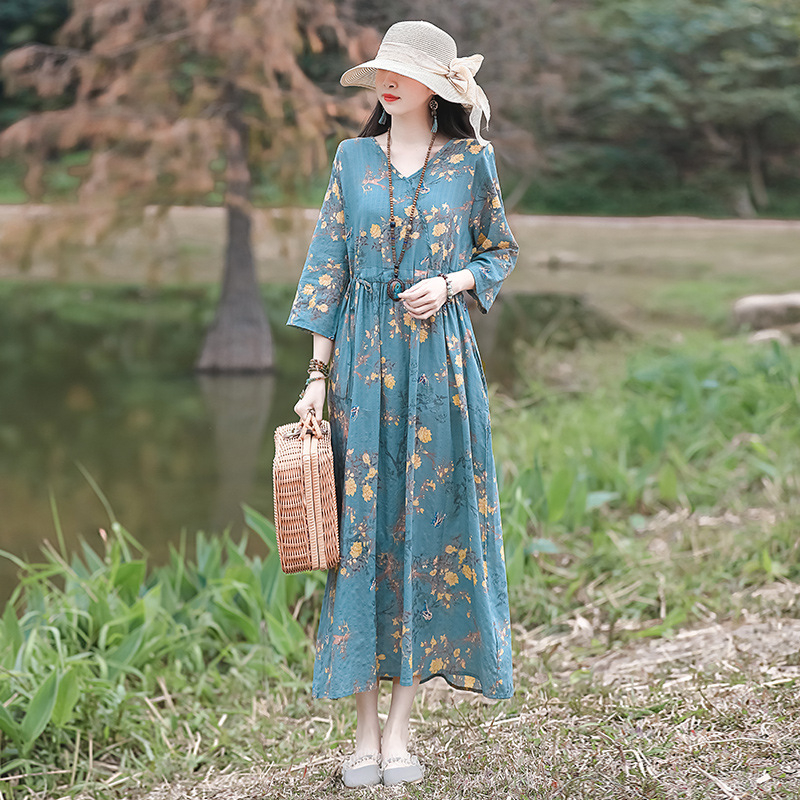 Haljina od pamuka i lana s otiskom, A-linija, duga haljina, okrugli izrez, kratki rukavi, opušteni struk, patchwork retro stil, 70–80% pamuka, Ljeto 2025