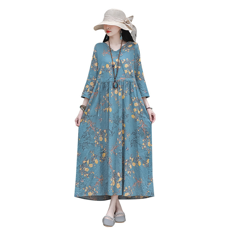 Haljina od pamuka i lana s otiskom, A-linija, duga haljina, okrugli izrez, kratki rukavi, opušteni struk, patchwork retro stil, 70–80% pamuka, Ljeto 2025