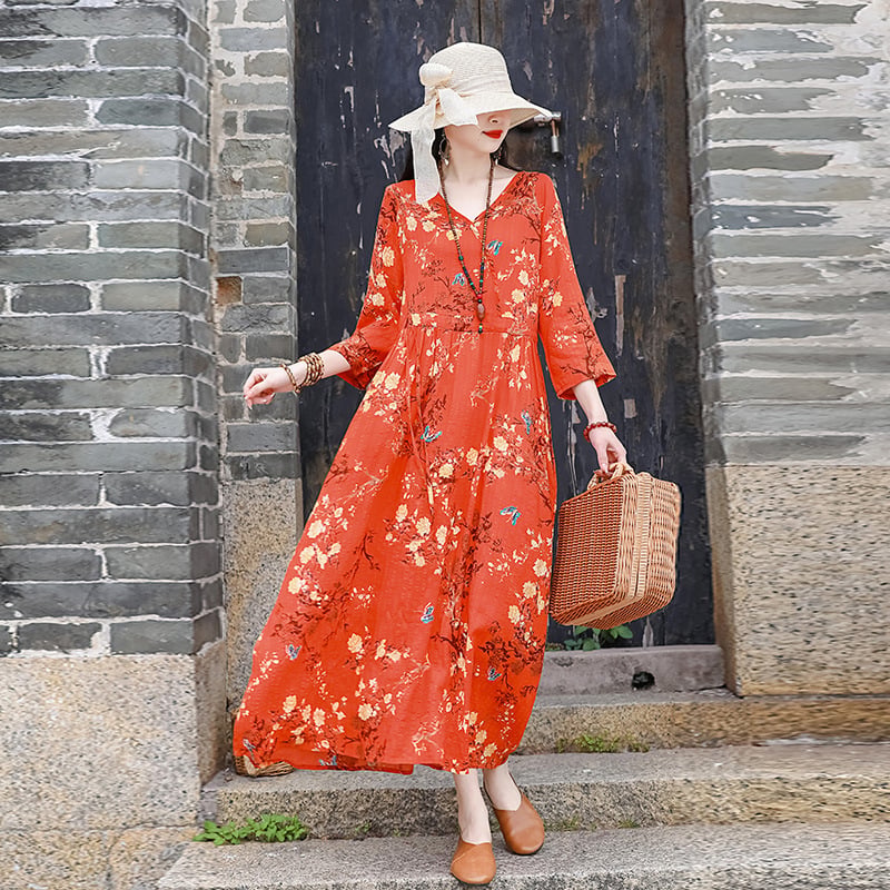 Haljina od pamuka i lana s otiskom, A-linija, duga haljina, okrugli izrez, kratki rukavi, opušteni struk, patchwork retro stil, 70–80% pamuka, Ljeto 2025