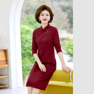 Plus veličina zimski set: gornji sloj-top i duga cheongsam haljina, cvjetni pleteni materijal, Polo ovratnik, 3/4 rukavi, srednja duljina