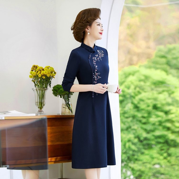 Plus veličina zimski set: gornji sloj-top i duga cheongsam haljina, cvjetni pleteni materijal, Polo ovratnik, 3/4 rukavi, srednja duljina